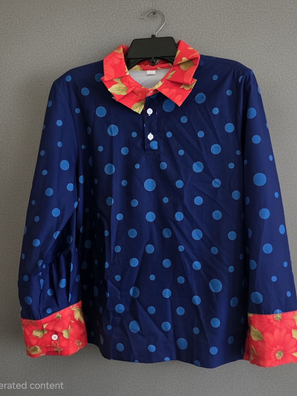 CherryBetty Blue Polka Dot Long Sleeve Top with Floral Collar Size M